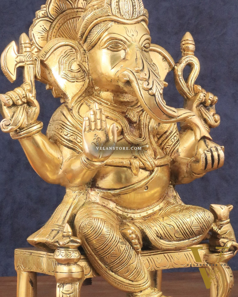 Exquisite Brass Lord Ganesha Seated on Throne Statue - 12" Tall