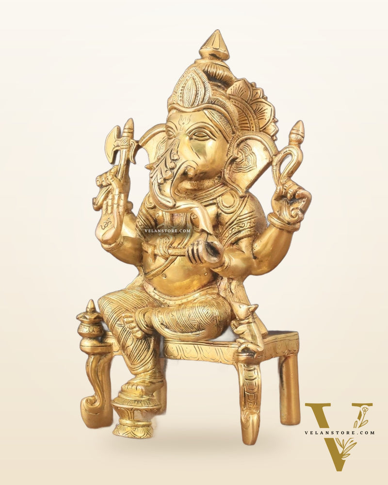 Exquisite Brass Lord Ganesha Seated on Throne Statue - 12" Tall