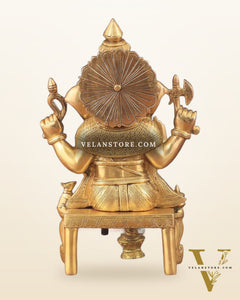 Exquisite Brass Lord Ganesha Seated on Throne Statue - 12" Tall