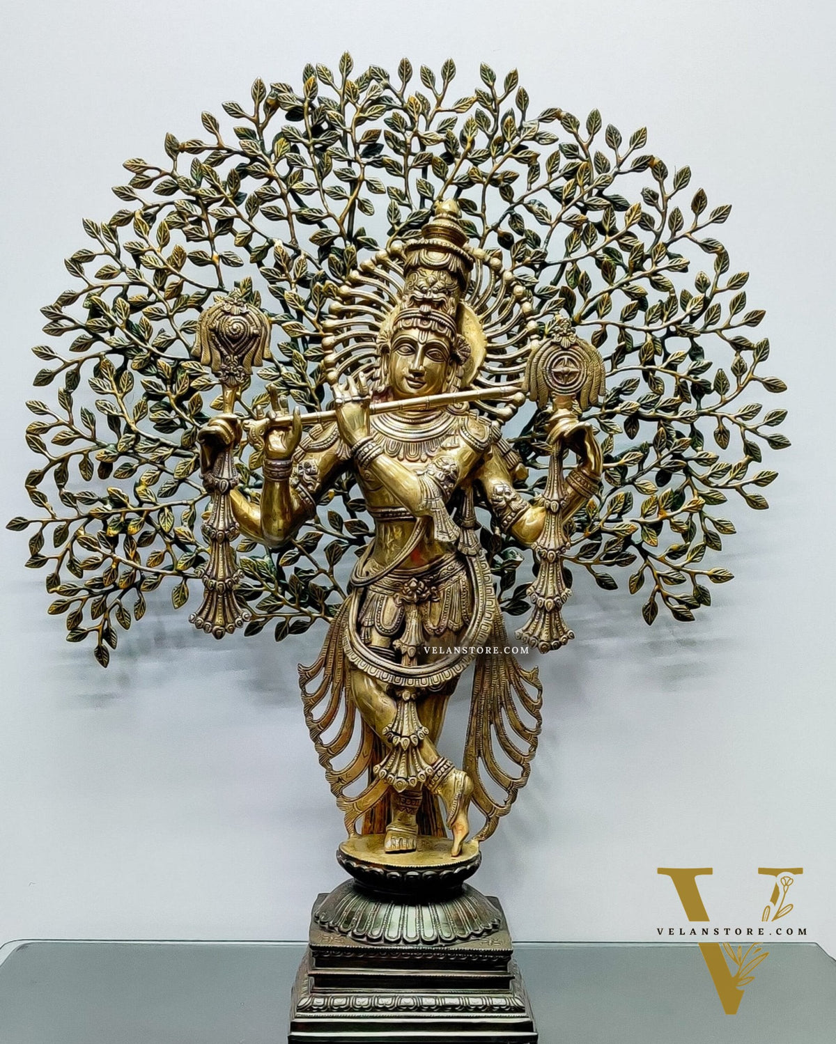 Exquisite Brass Lord Krishna Chaturbhuja Statue with Kalpavriksha - 36"