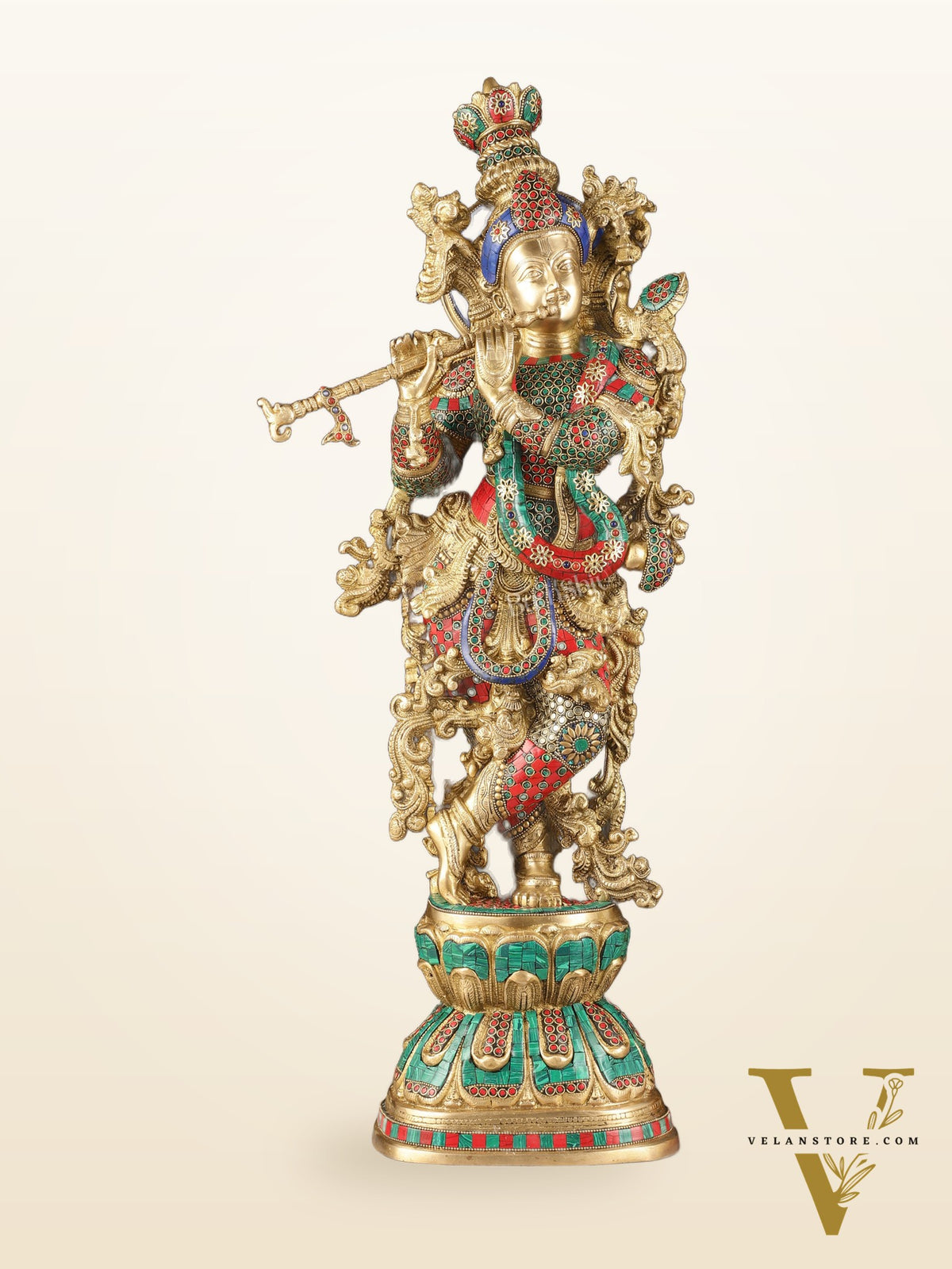 Exquisite Brass Lord Krishna Murti with Meenakari | 29"