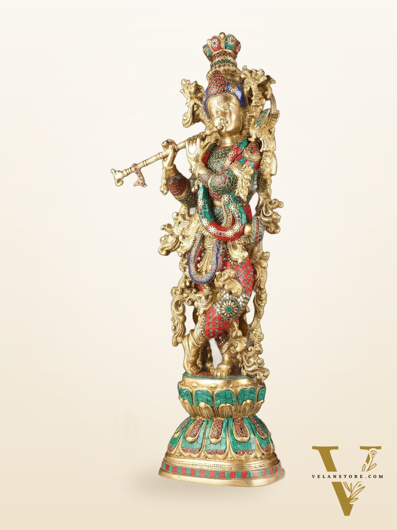 Exquisite Brass Lord Krishna Murti with Meenakari | 29"