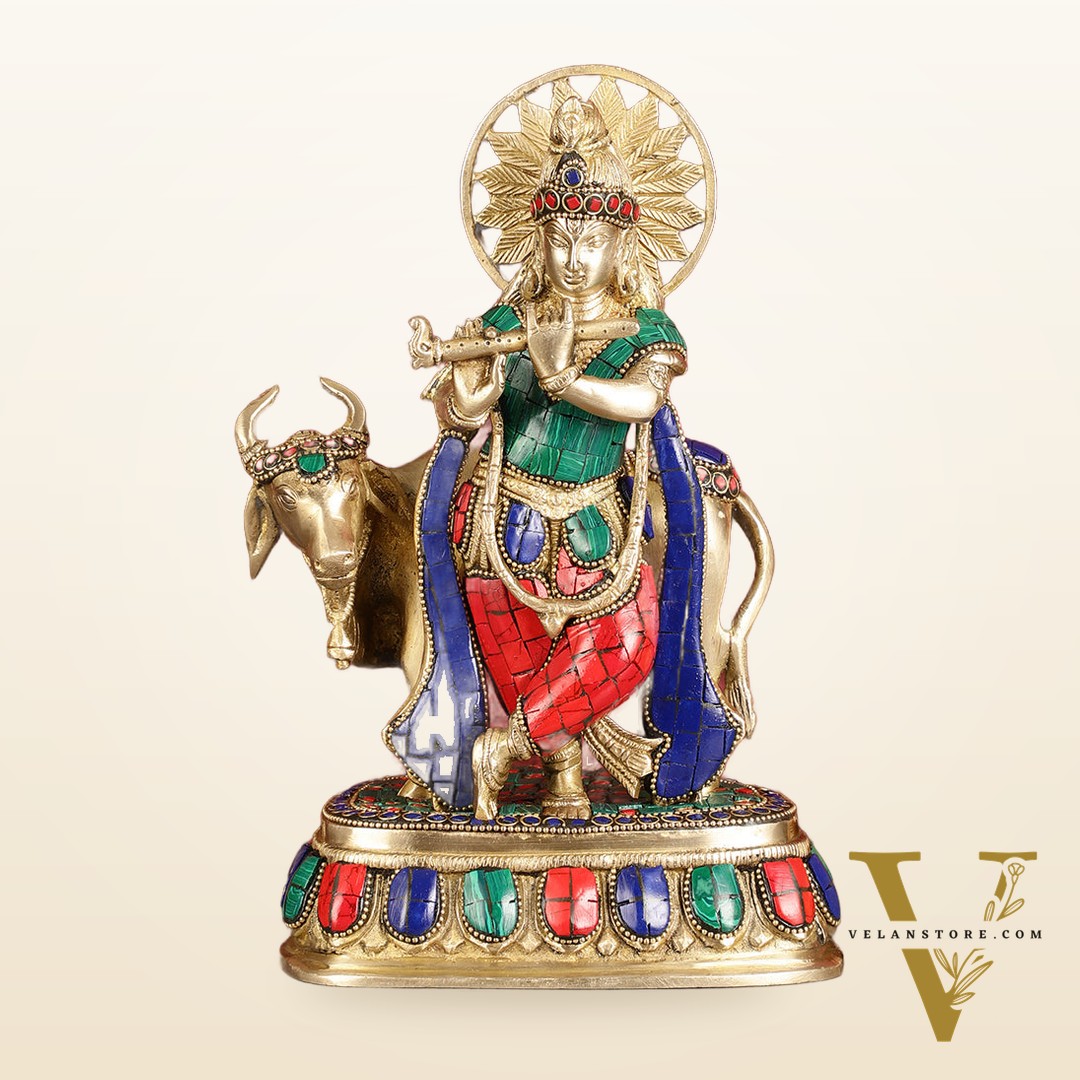 Exquisite Brass Lord Krishna Statue with cow idol 9"
