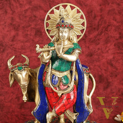 Exquisite Brass Lord Krishna Statue with cow idol 9"