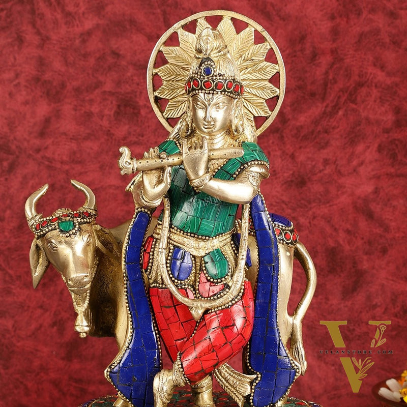 Exquisite Brass Lord Krishna Statue with cow idol 9"