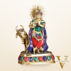 Exquisite Brass Lord Krishna Statue with cow idol 9"