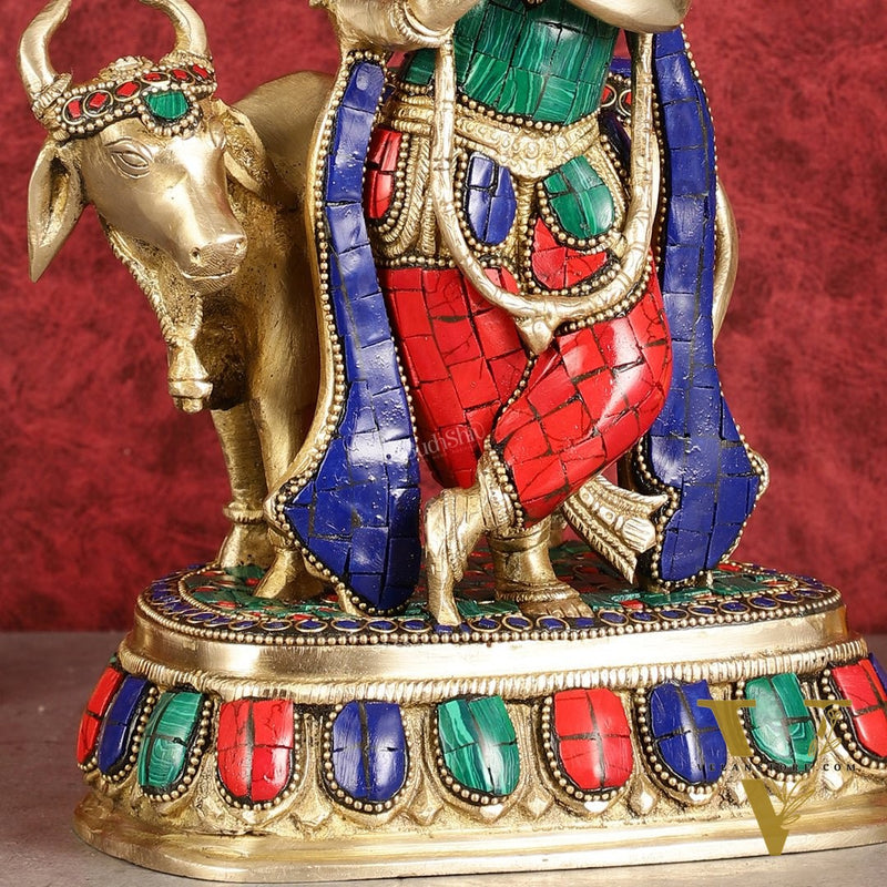 Exquisite Brass Lord Krishna Statue with cow idol 9"