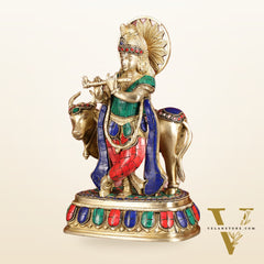 Exquisite Brass Lord Krishna Statue with cow idol 9"