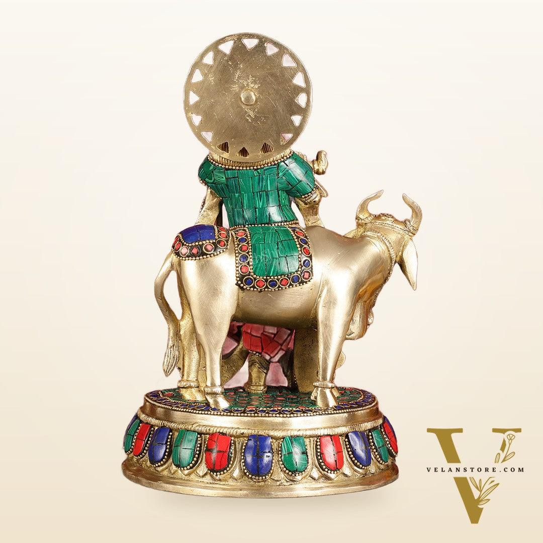 Exquisite Brass Lord Krishna Statue with cow idol 9"