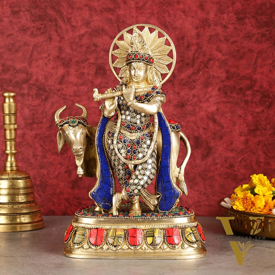 Exquisite Brass Lord Krishna Statue with cow idol 9"