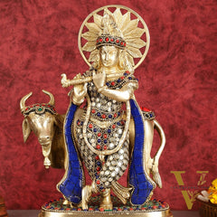 Exquisite Brass Lord Krishna Statue with cow idol 9"
