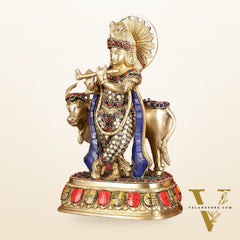 Exquisite Brass Lord Krishna Statue with cow idol 9"