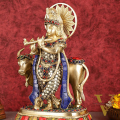 Exquisite Brass Lord Krishna Statue with cow idol 9"