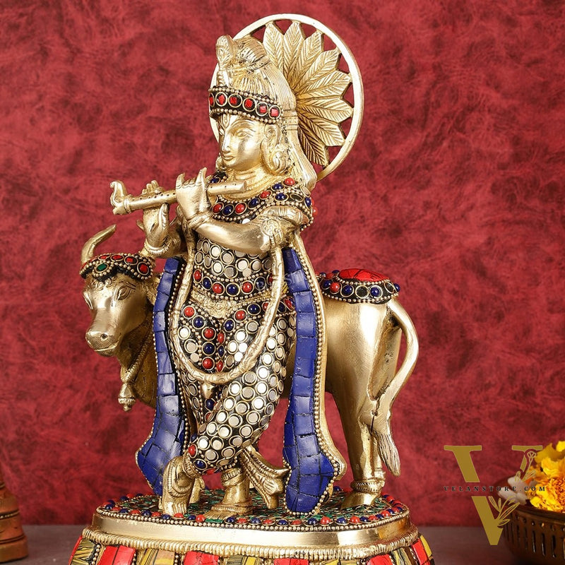 Exquisite Brass Lord Krishna Statue with cow idol 9"