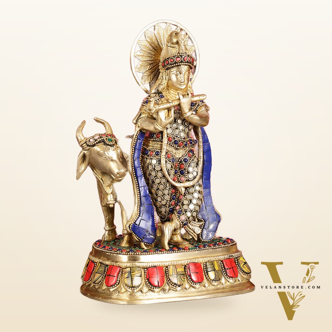 Exquisite Brass Lord Krishna Statue with cow idol 9"