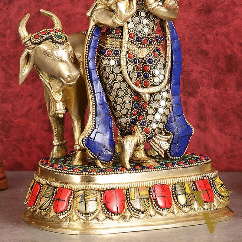 Exquisite Brass Lord Krishna Statue with cow idol 9"