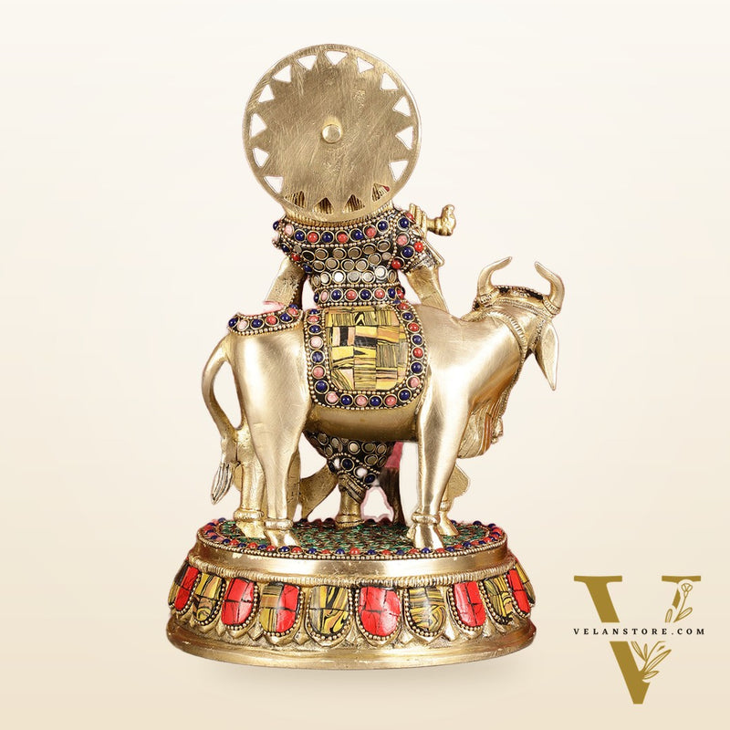 Exquisite Brass Lord Krishna Statue with cow idol 9"