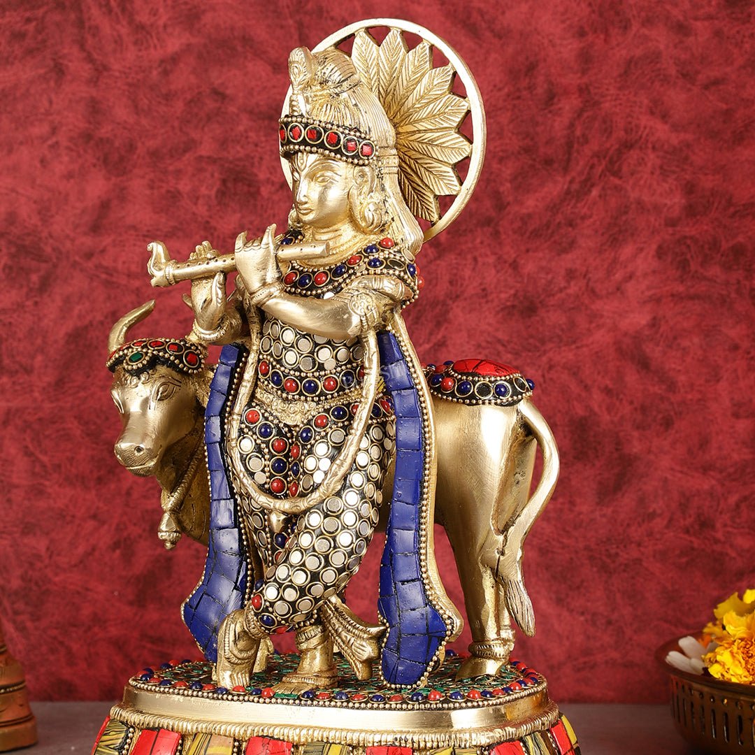 Exquisite Brass Lord Krishna Statue with cow idol 9"