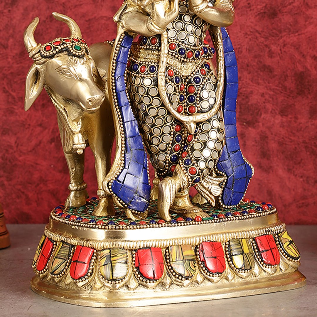 Exquisite Brass Lord Krishna Statue with cow idol 9"