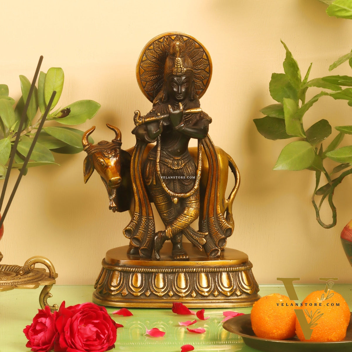 Exquisite Brass Lord Krishna Statue with Flute and Holy Cow   9"