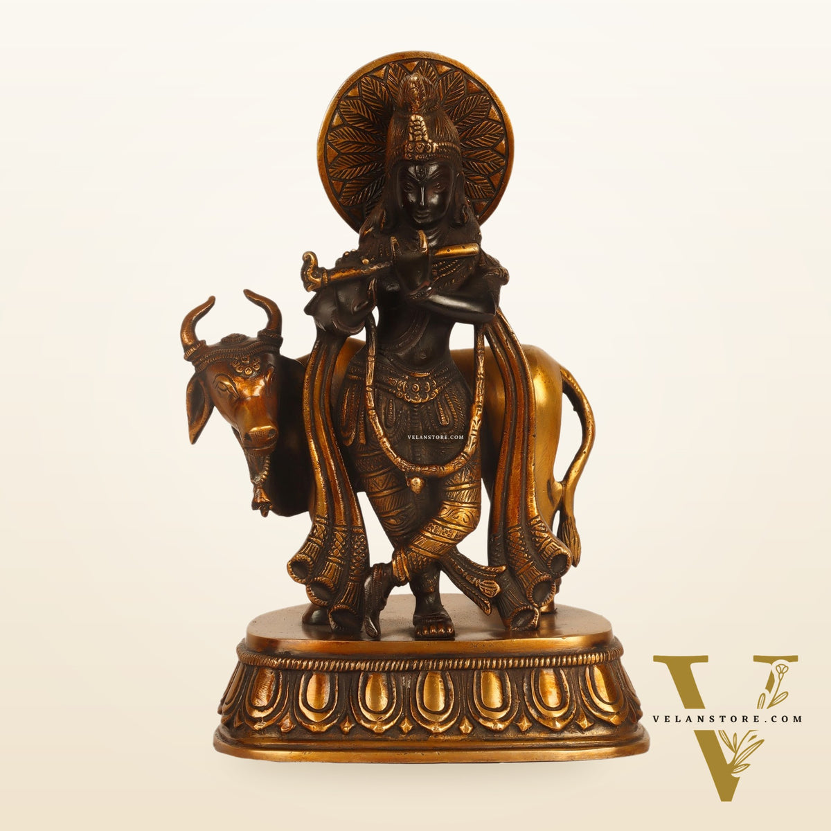 Exquisite Brass Lord Krishna Statue with Flute and Holy Cow   9"