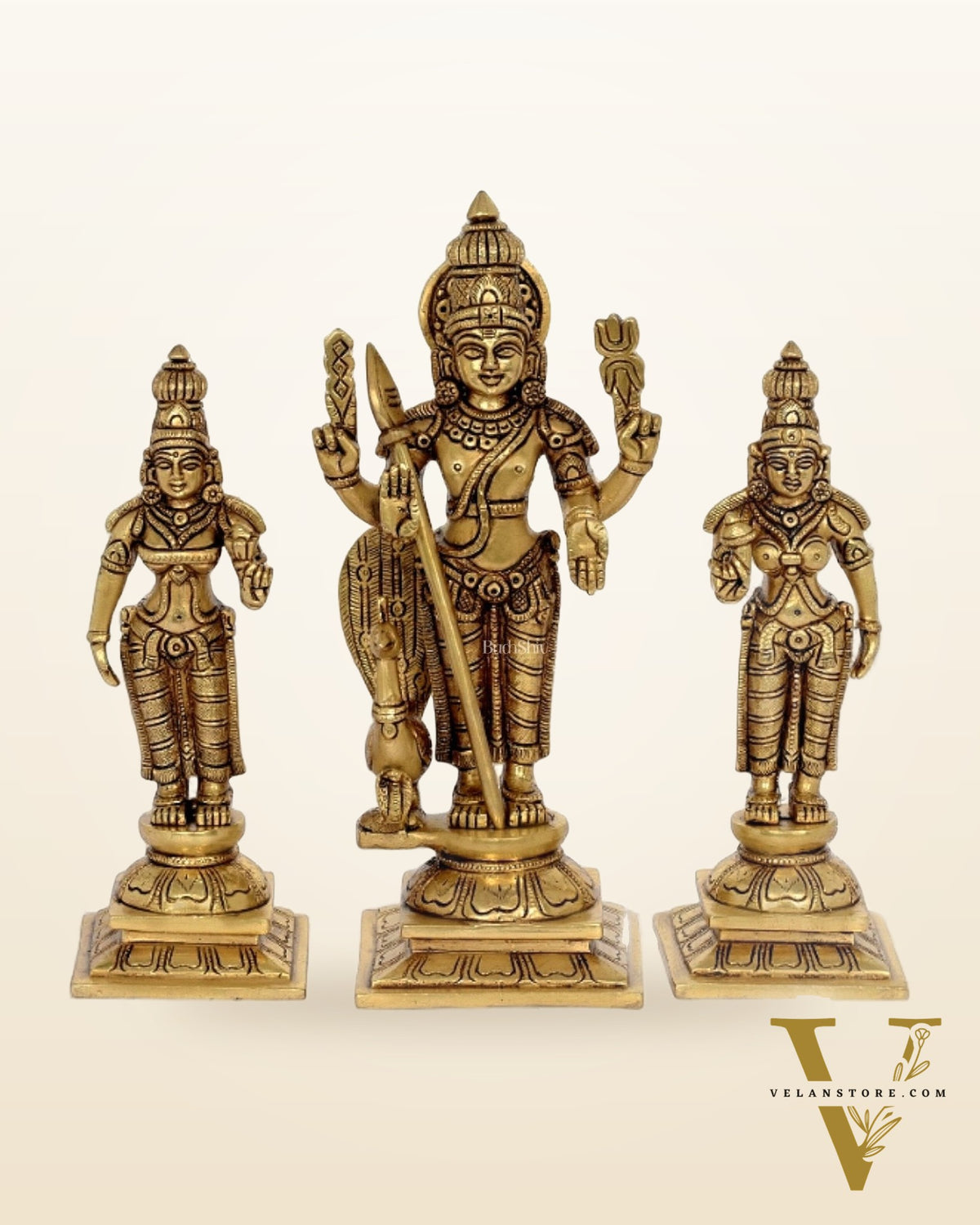 Exquisite Brass Lord Murugan, Devasena, and Valli Set | 9.5 Inch Murugan Statue