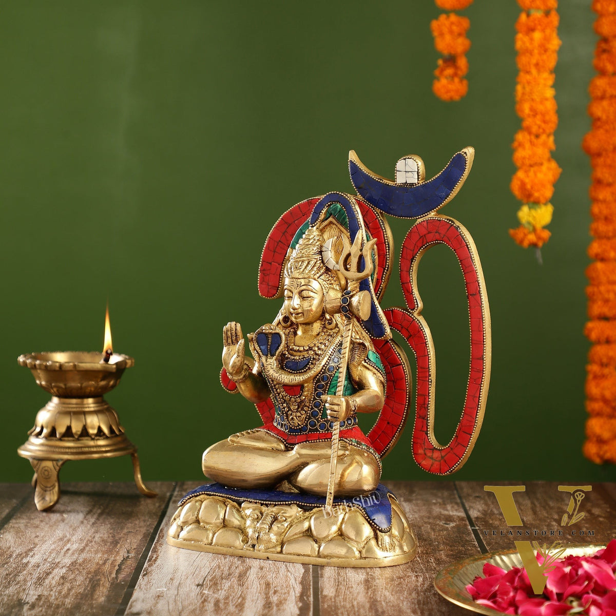 Exquisite Brass Lord Shiva Statue with Meenakari Stonework | 12" Height