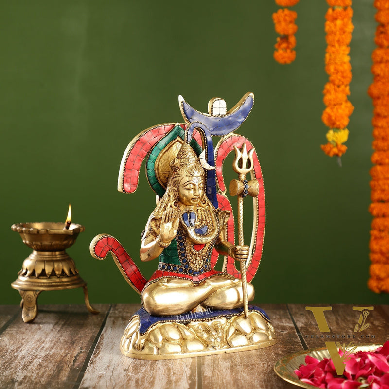 Exquisite Brass Lord Shiva Statue with Meenakari Stonework | 12" Height