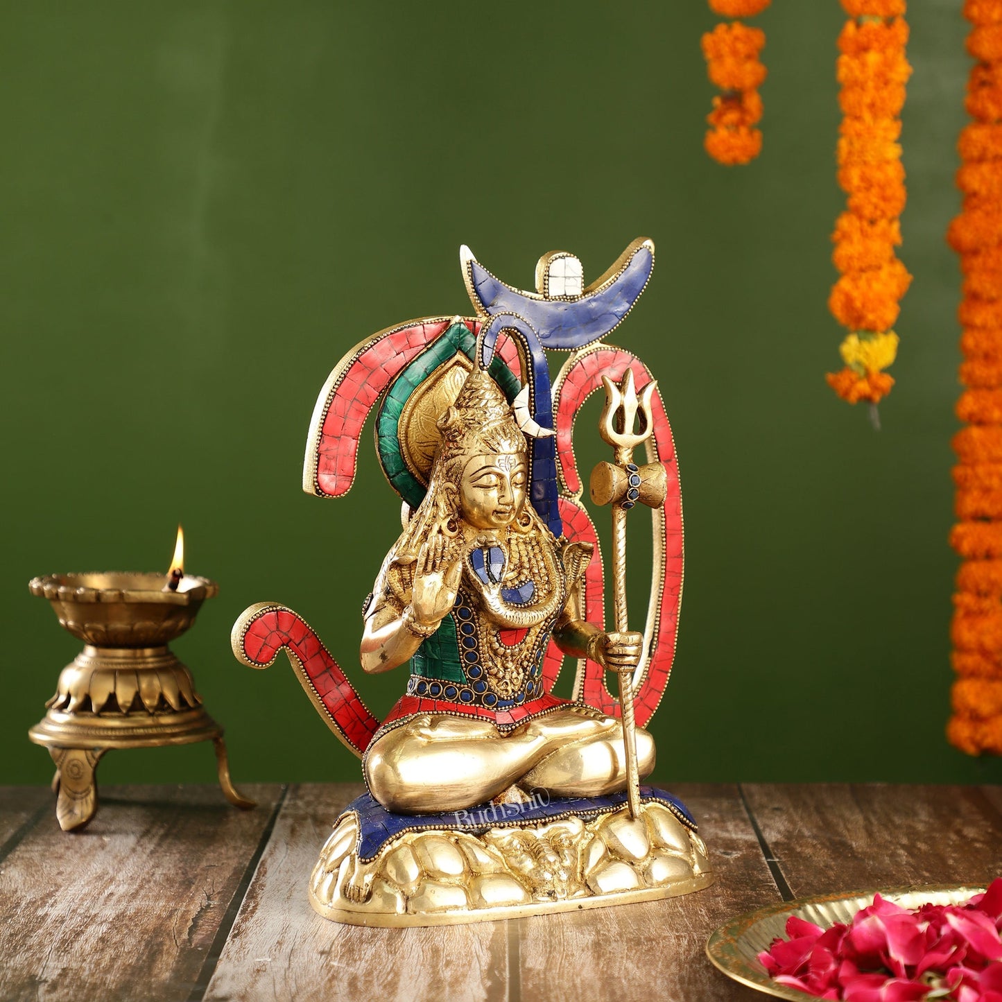 Exquisite Brass Lord Shiva Statue with Meenakari Stonework | 12" Height