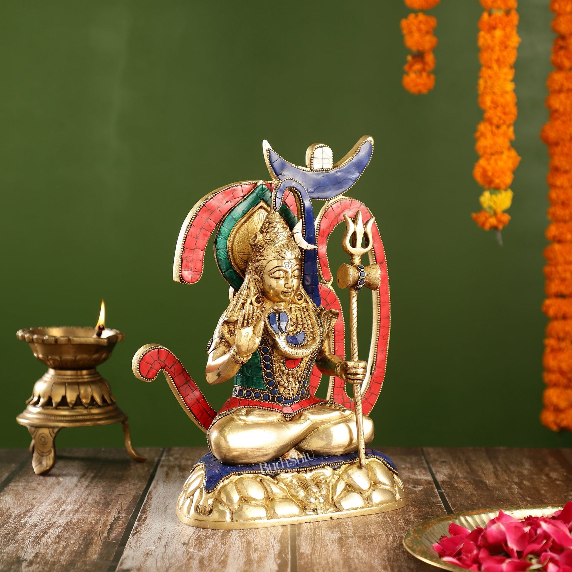Exquisite Brass Lord Shiva Statue with Meenakari Stonework | 12" Height