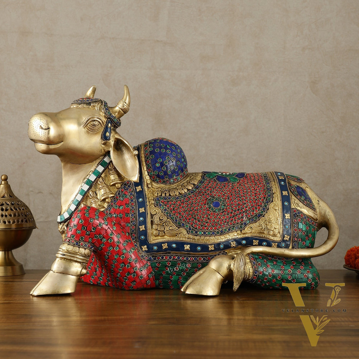 Exquisite Brass Nandi Statue with Intricate Stonework 21"