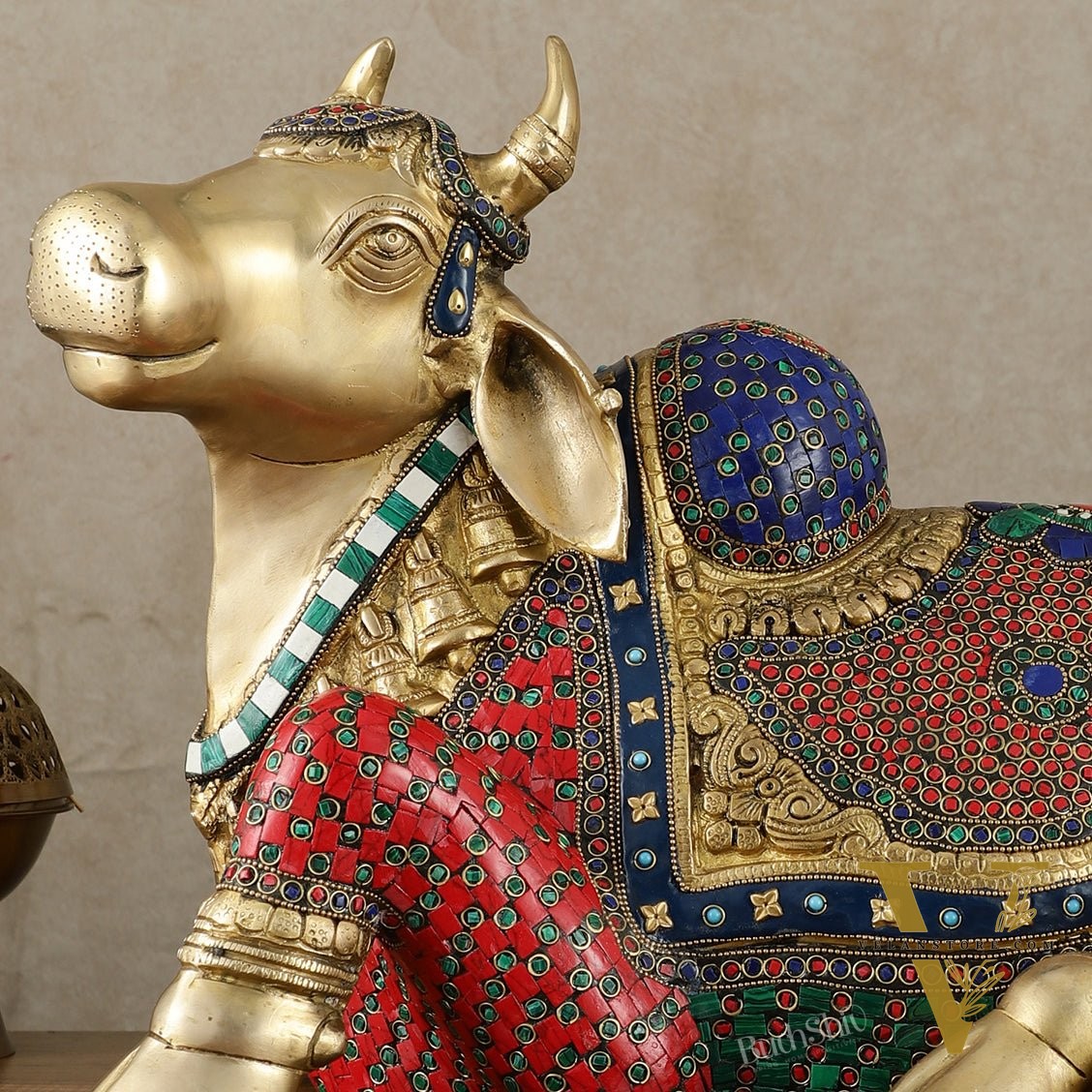 Exquisite Brass Nandi Statue with Intricate Stonework 21"