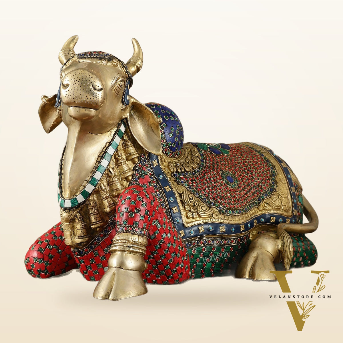 Exquisite Brass Nandi Statue with Intricate Stonework 21"