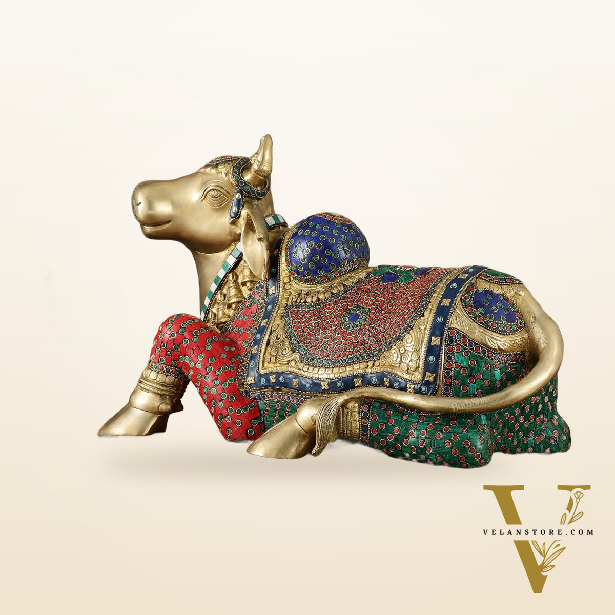 Exquisite Brass Nandi Statue with Intricate Stonework 21"