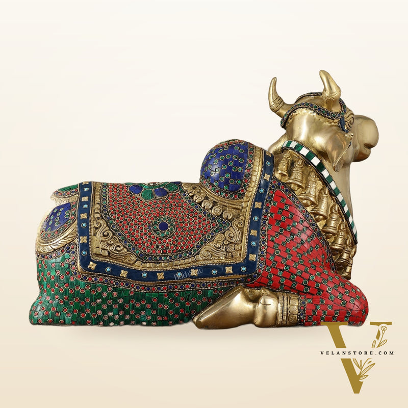 Exquisite Brass Nandi Statue with Intricate Stonework 21"