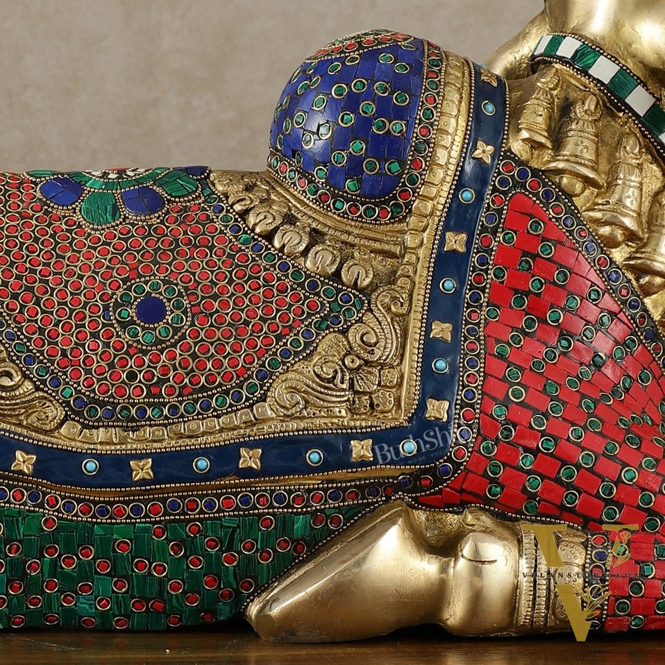 Exquisite Brass Nandi Statue with Intricate Stonework 21"