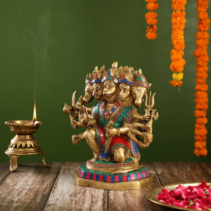 Exquisite Brass Panchmukhi Hanuman Statue with Stonework | 11.5" Height