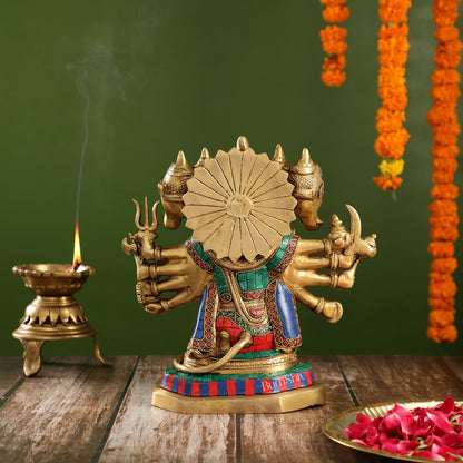 Exquisite Brass Panchmukhi Hanuman Statue with Stonework | 11.5" Height