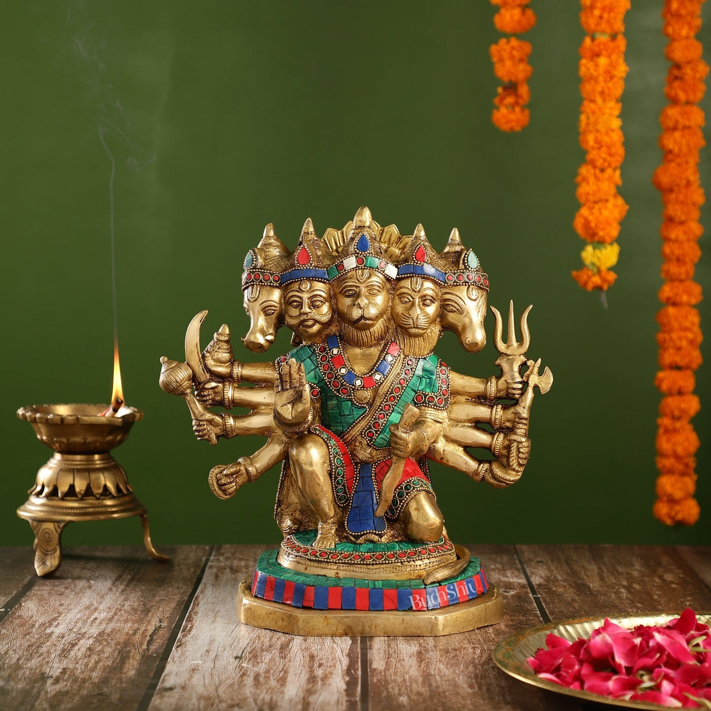 Exquisite Brass Panchmukhi Hanuman Statue with Stonework | 11.5" Height