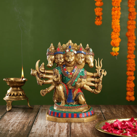 Exquisite Brass Panchmukhi Hanuman Statue with Stonework | 11.5" Height