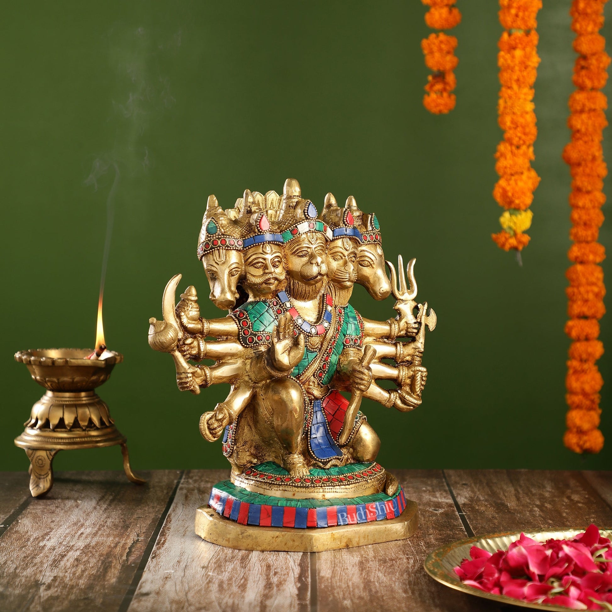 Exquisite Brass Panchmukhi Hanuman Statue with Stonework | 11.5" Height