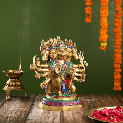 Exquisite Brass Panchmukhi Hanuman Statue with Stonework | 11.5" Height