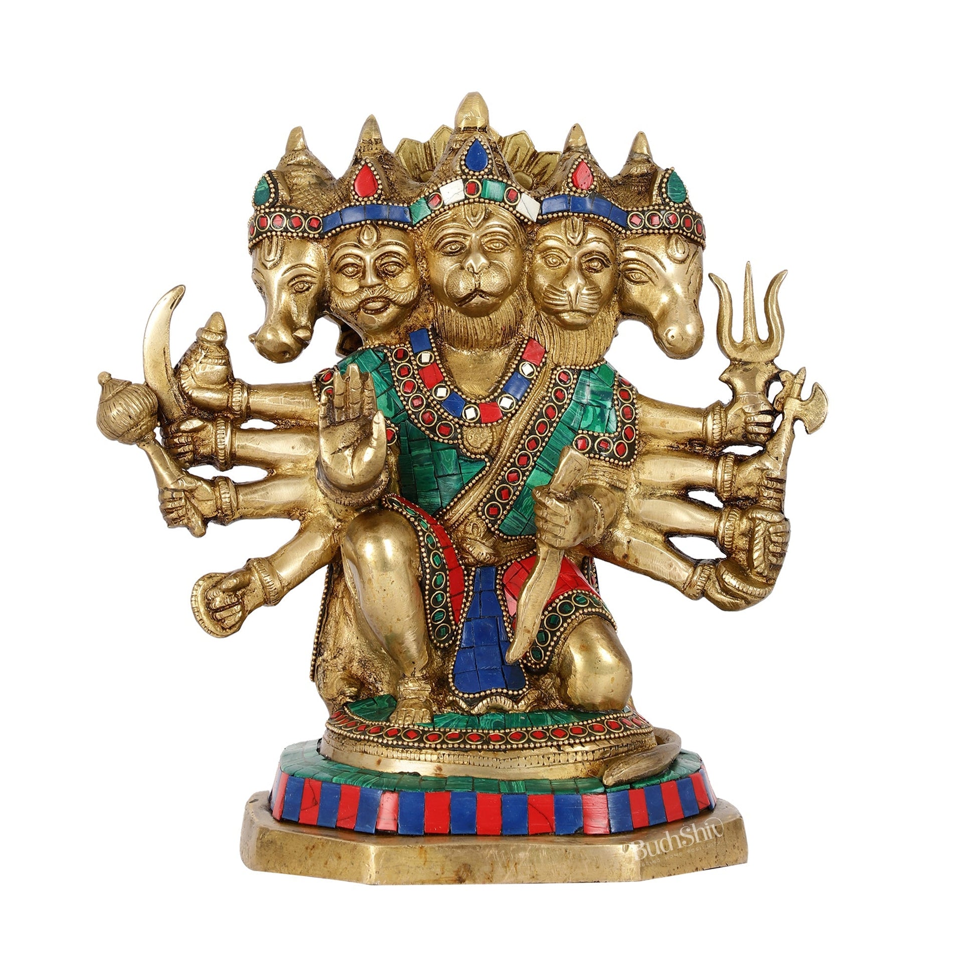 Exquisite Brass Panchmukhi Hanuman Statue with Stonework | 11.5" Height