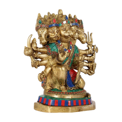 Exquisite Brass Panchmukhi Hanuman Statue with Stonework | 11.5" Height