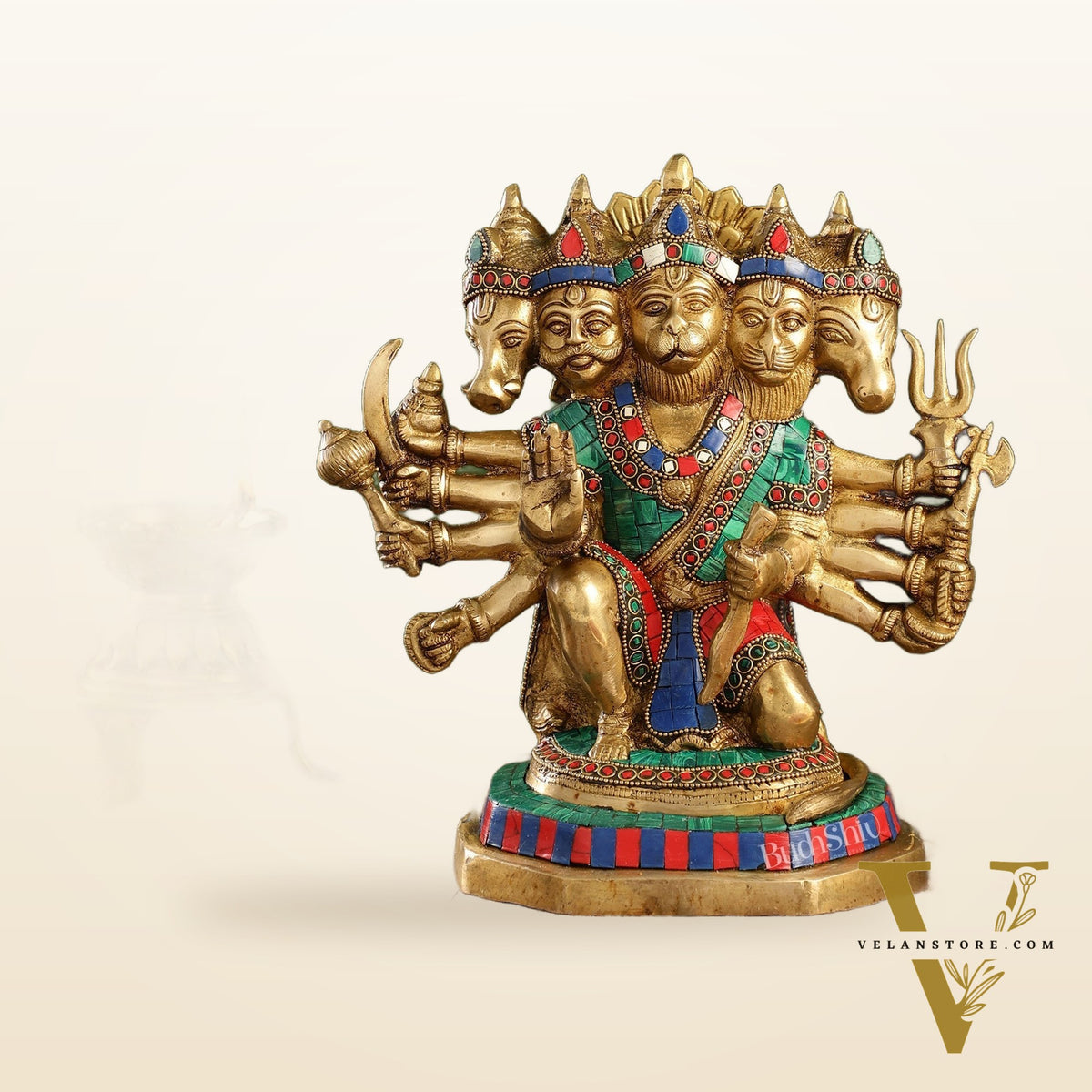 Exquisite Brass Panchmukhi Hanuman Statue with Stonework | 11.5" Height