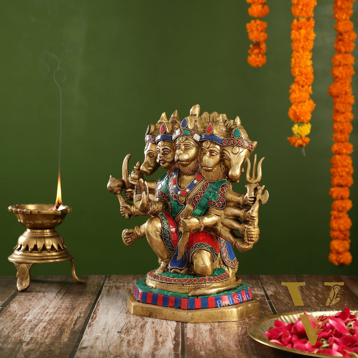 Exquisite Brass Panchmukhi Hanuman Statue with Stonework | 11.5" Height