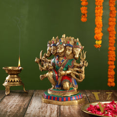Exquisite Brass Panchmukhi Hanuman Statue with Stonework | 11.5" Height