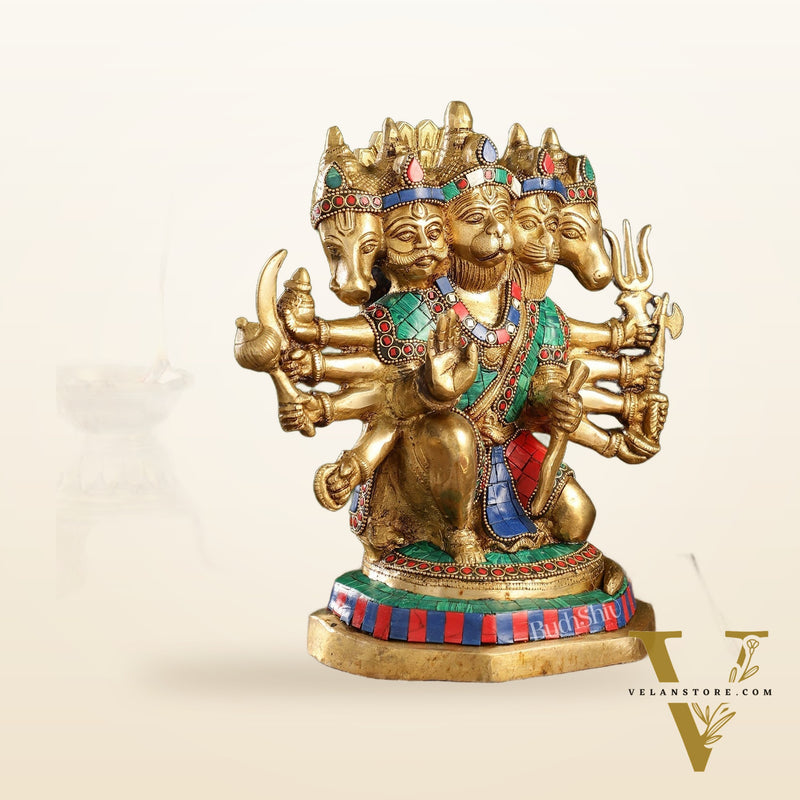 Exquisite Brass Panchmukhi Hanuman Statue with Stonework | 11.5" Height