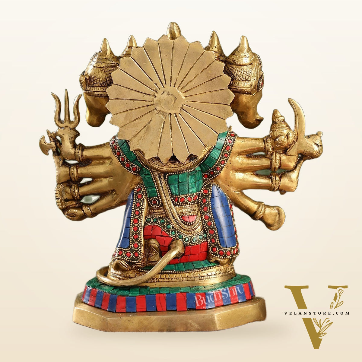 Exquisite Brass Panchmukhi Hanuman Statue with Stonework | 11.5" Height
