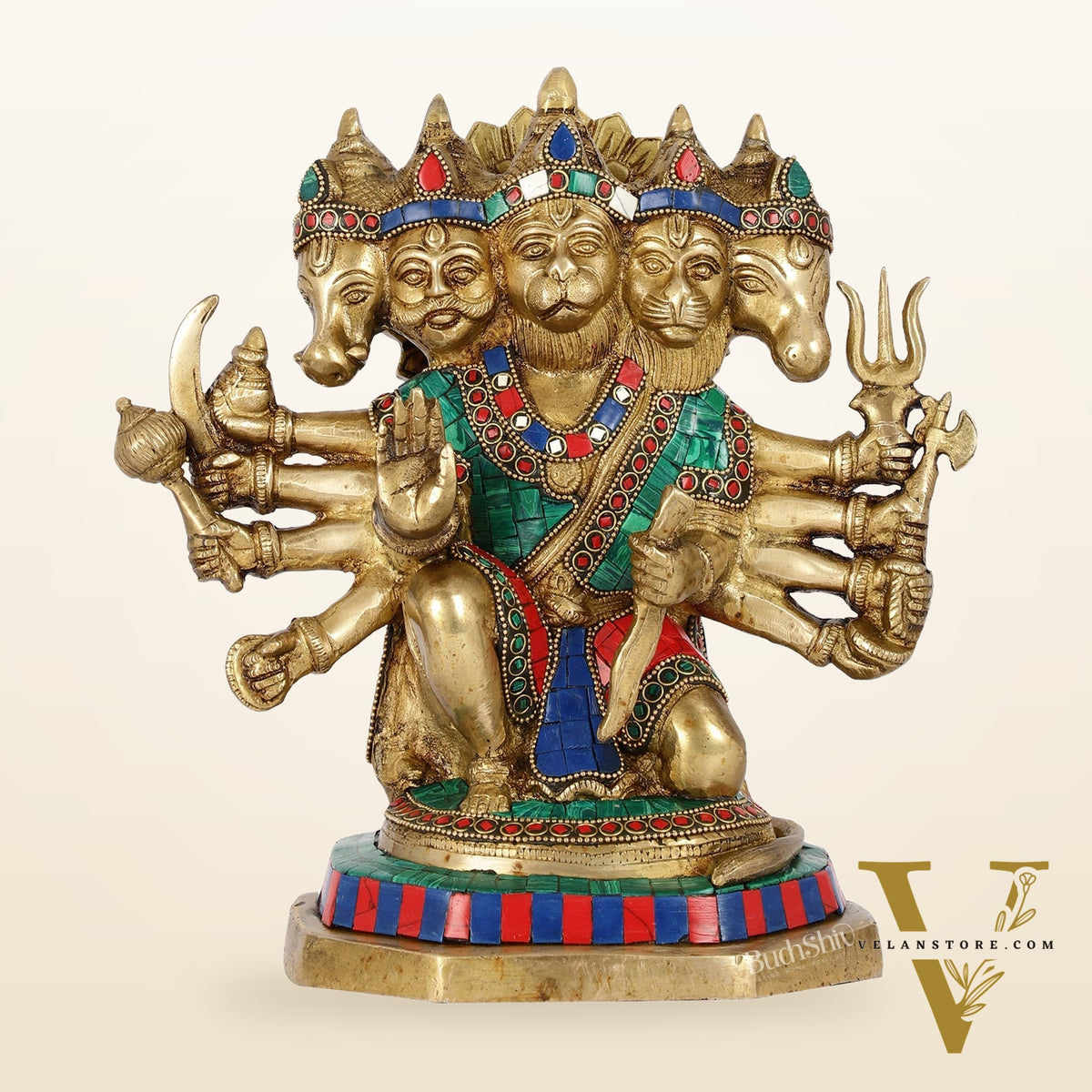 Exquisite Brass Panchmukhi Hanuman Statue with Stonework | 11.5" Height